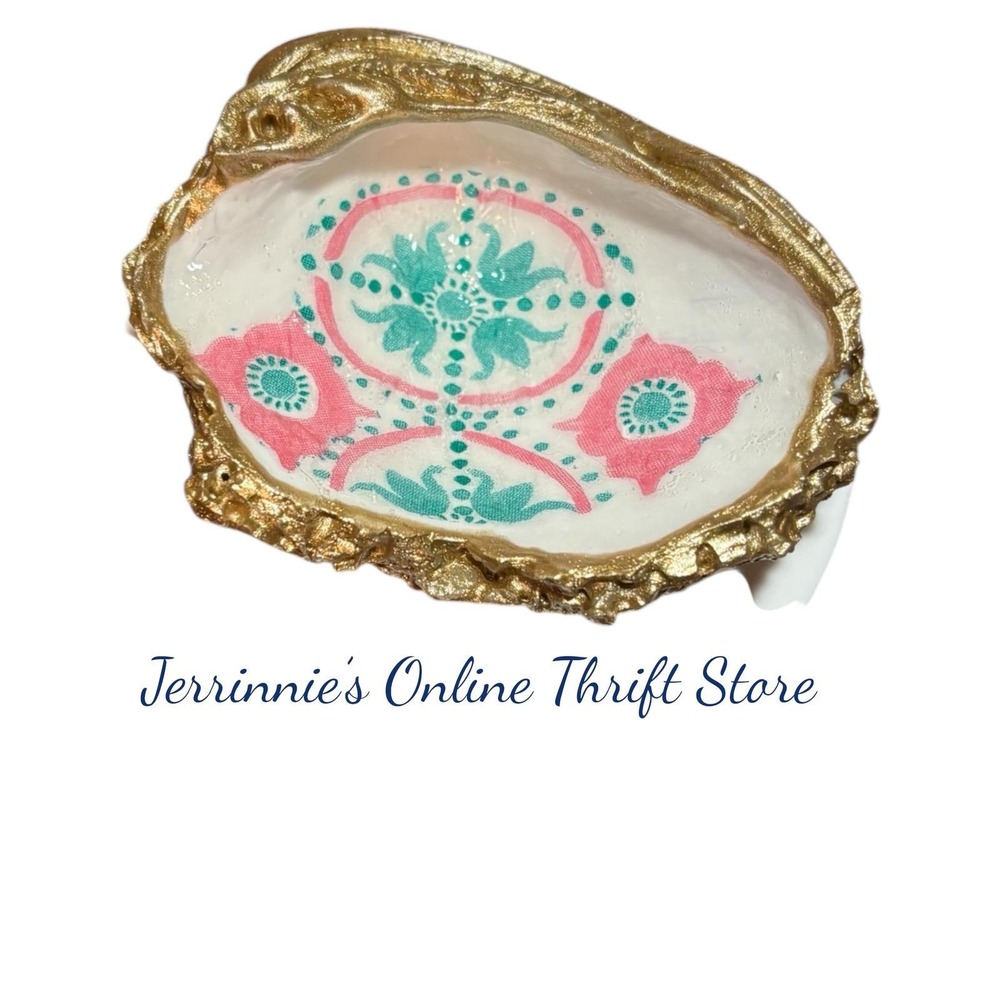 Handmade Oyster Shell Trinket Dish Gold Rim Decoupage Floral Pink Teal Coastal